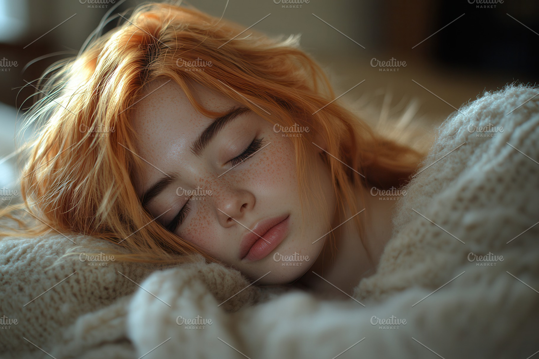 Young woman resting peacefully with, a Photo by Tanuart