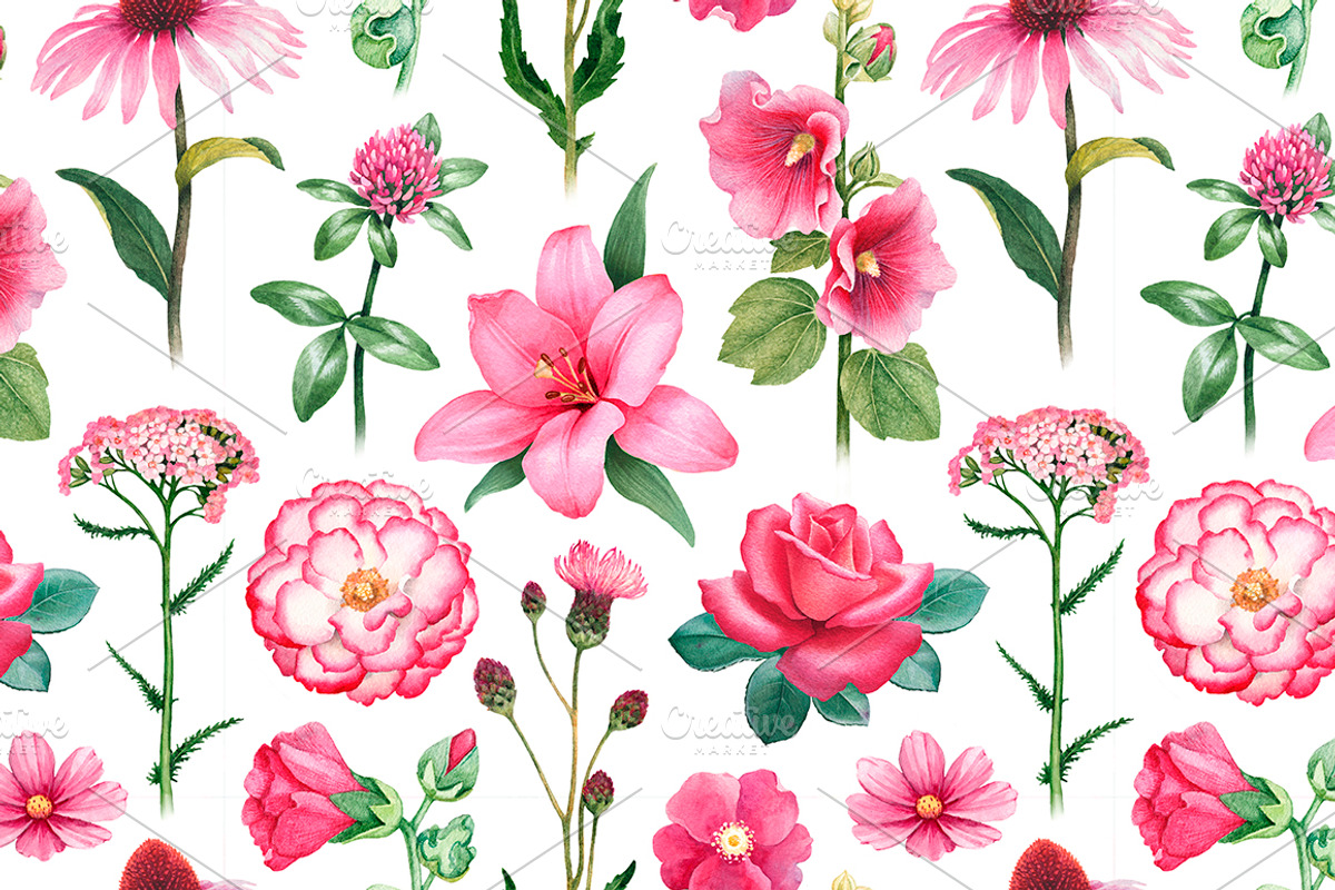 Watercolor pink flowers, a Pattern Graphic by Sundra (Photo 2 of 6)