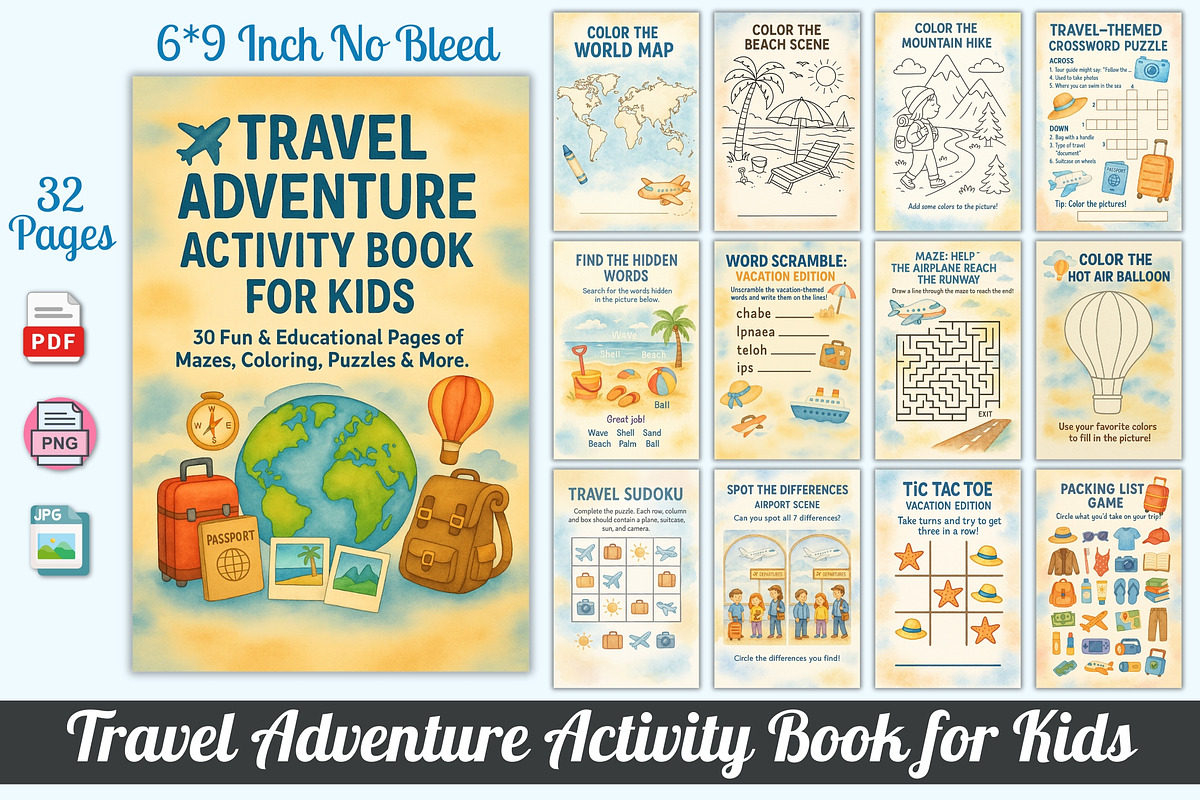 Travel Adventure Activity Book Kids, a Stationery Template by Designmela01 (Photo 3 of 7)