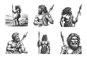 primitive cavemen holding spears, a Person Illustration by AlexArt