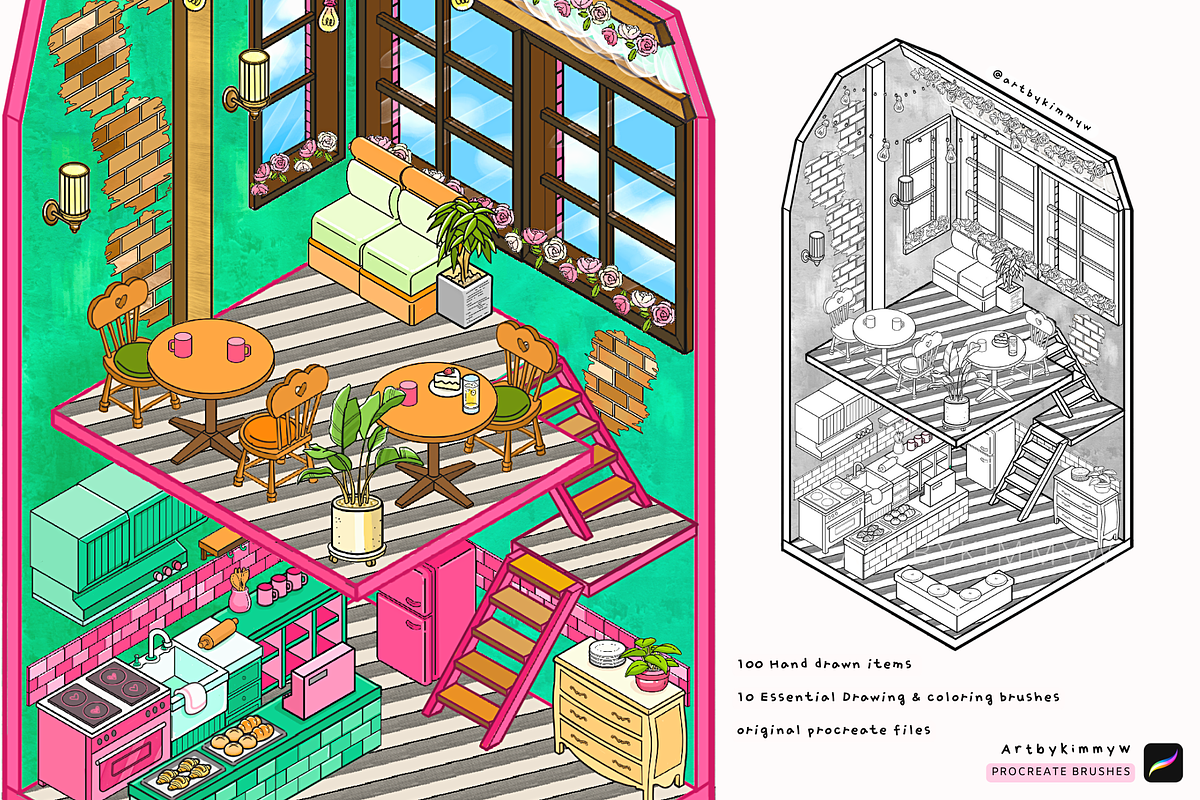 Procreate Isometric Cafe Stamp Pack, a Brush Add-On by Artbykimmyw (Photo 7 of 10)