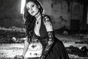 beautiful young goth woman in abandoned factory, AI generated, a Photo by WorldOfPhotos
