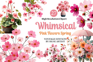 Whimsical Pink Flowers Spring Clipar, an Illustration by DreamArtGraphic