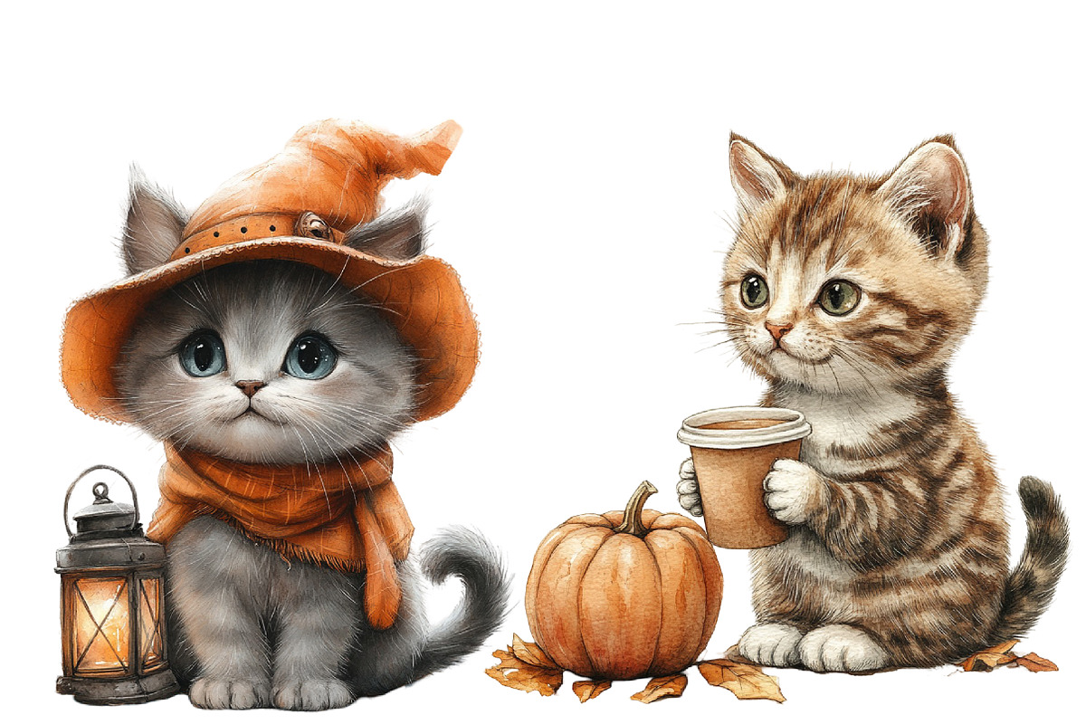 Watercolor Autumn CAT Clipart, an Illustration by Designworld (Photo 3 of 4)
