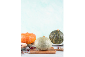 Three beautiful autumn pumpkins on, a Food & Drink Photo by Lifemorning