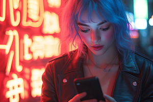 A young woman with blue hair, captivated by her smartphone against a vibrant ne, a Person Photo by ImageMir