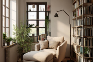 Reading nook with armchair and lamp, an Architecture Photo by Virgo Studio