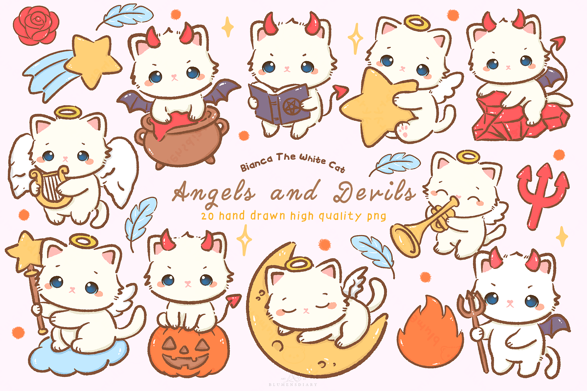 Kawaii white cat angels and devils, an Animal Illustration by Blumensdiary (Photo 1 of 7)