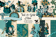 Teal and Gold Alice in Wonderland, an Illustration by Digital Curio (Thumbnail 1 of 5)