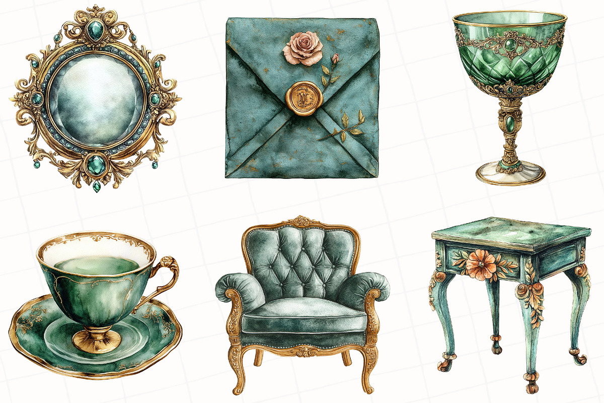 Watercolor Emerald Victorian Clipart, an Illustration by OK Design (Photo 2 of 5)