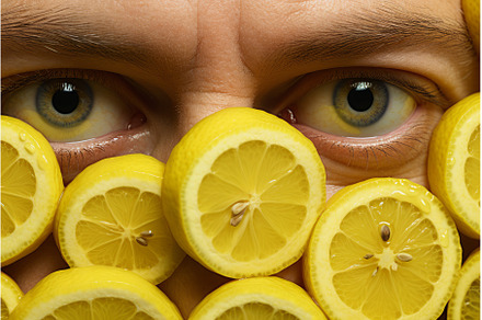 Vibrant Man lemon eyes. Generate AI, a Food & Drink Photo by Ylivdesign