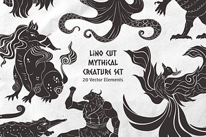 Linocut Mythical Creature Set, an Animal Illustration by Invisual Studio