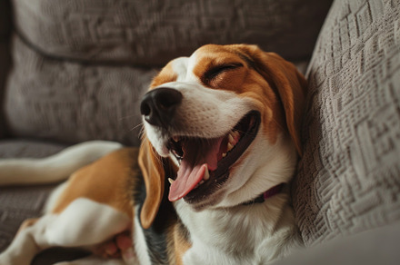 Cozy Beagle Enjoying a Relaxing Yawn on a Comfy Sofa - Generativ, an Animal Photo by José Manuel Gelpi
