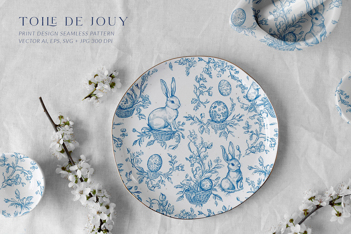 Easter Blue Toile Seamless Pattern, a Pattern Graphic by Olya Creative (Photo 4 of 6)