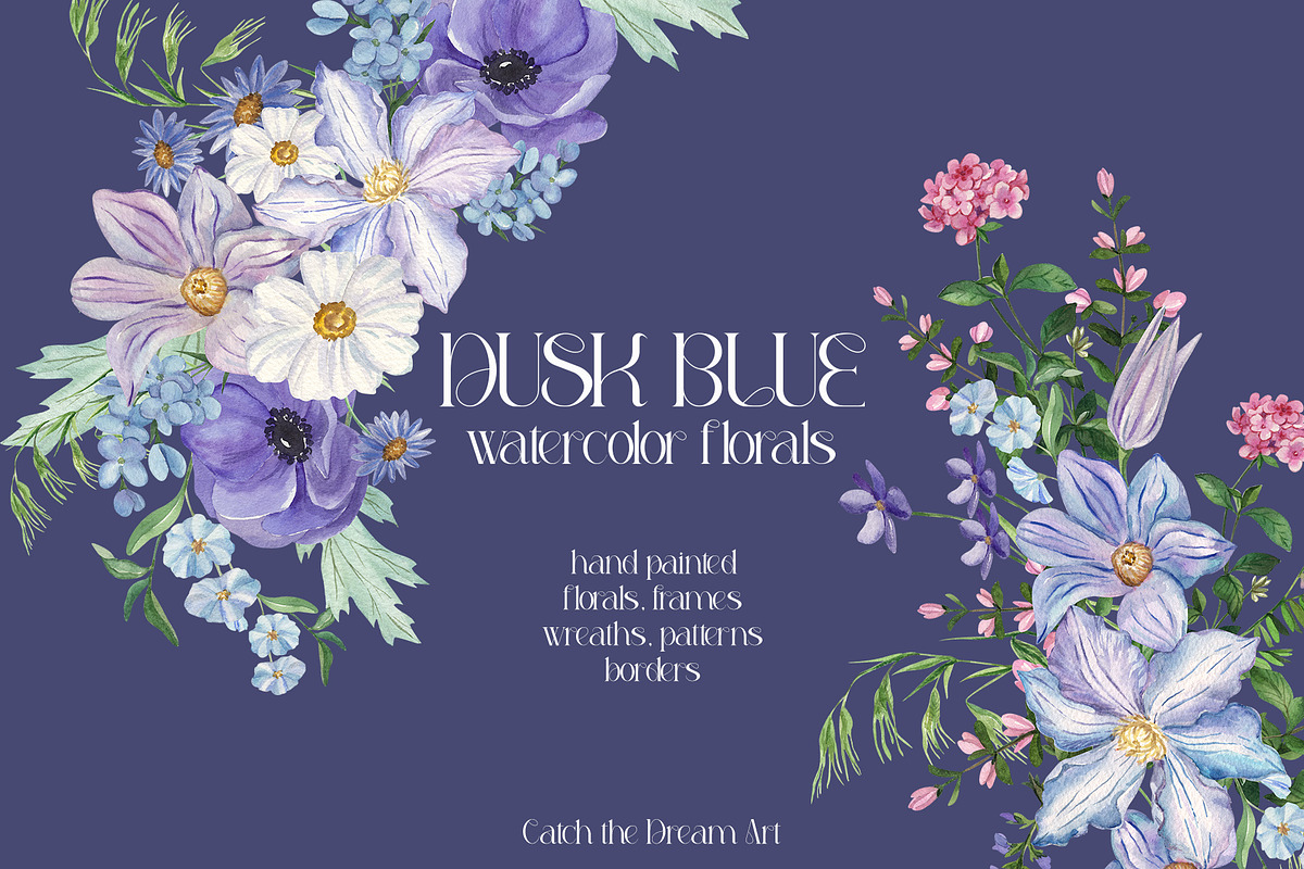 Dusk Blue Watercolor Florals, a Decorative Illustration by Catch the Dream Art (Photo 12 of 12)