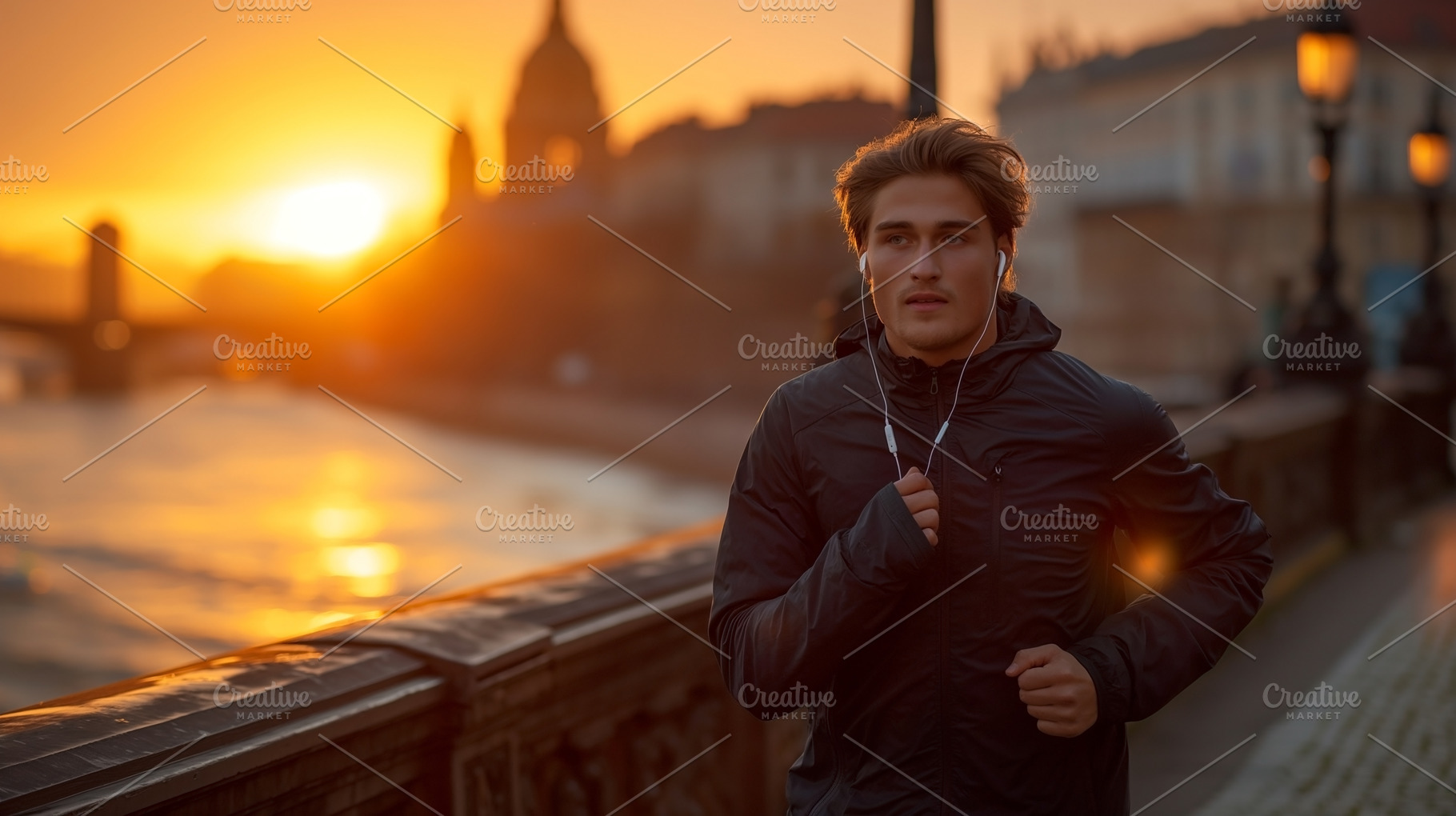 Young Caucasian male jogging along a riverside at sunset, showcasing an active, a Person Photo by ImageMir
