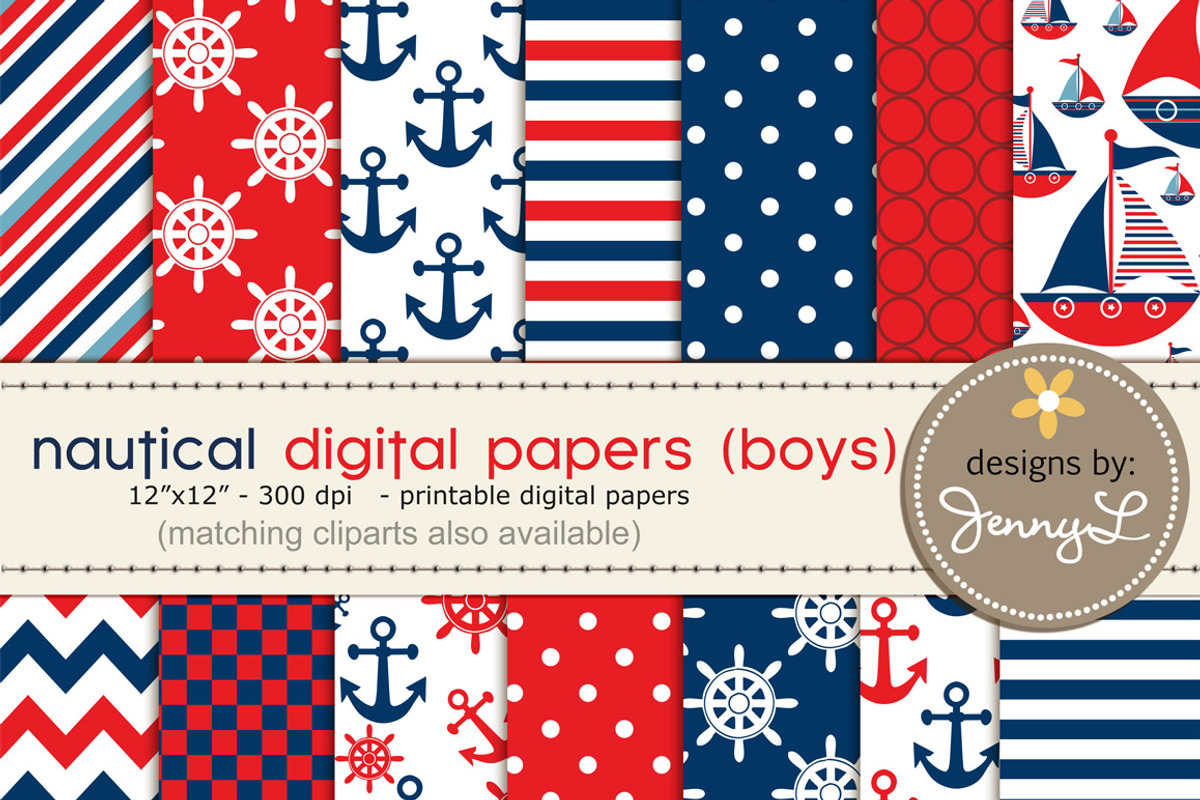 Nautical Boys Digital Papers, a Pattern Graphic by JennyL Designs (Photo 1 of 2)