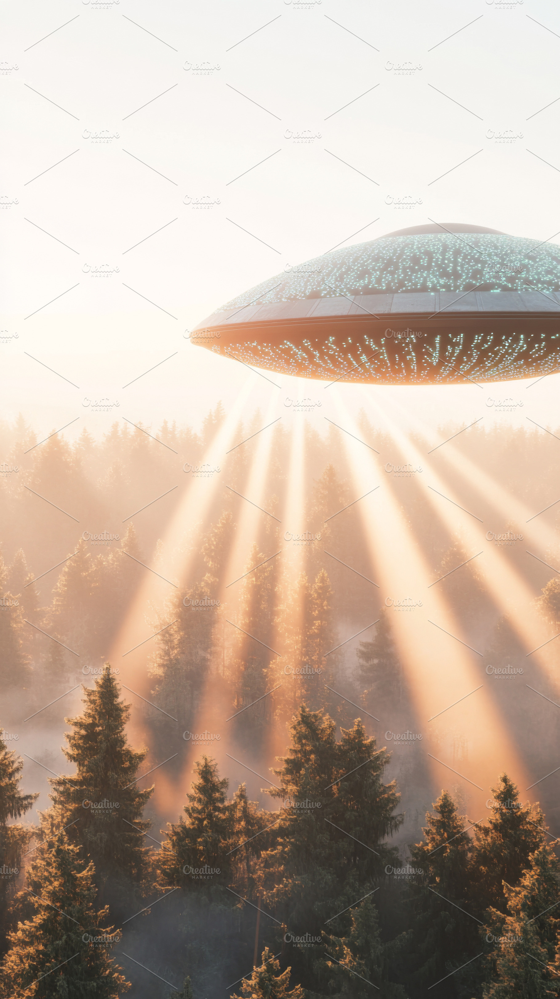 Alien spaceship hovering above misty, a Photo by Dvoevnore photos