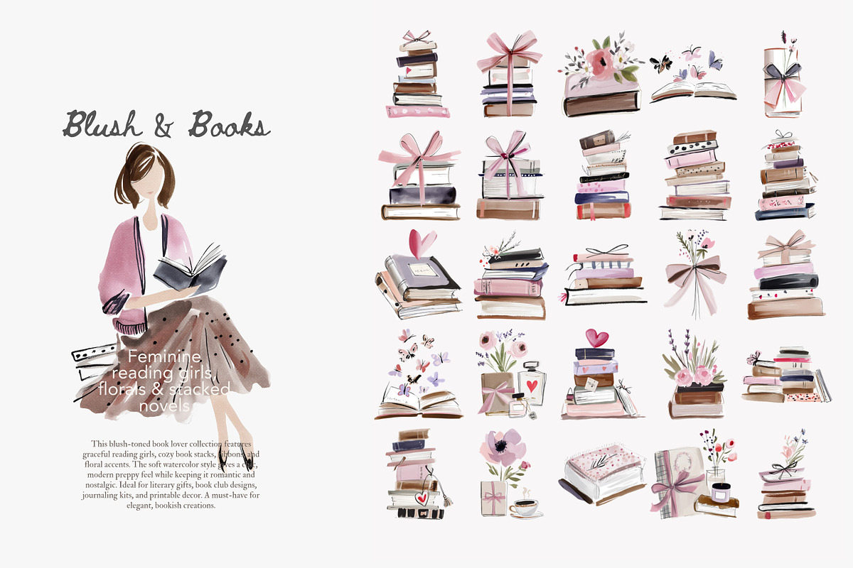 Blush Book Lover Clipart Bundle, a Decorative Illustration by Patishop Art (Photo 12 of 14)