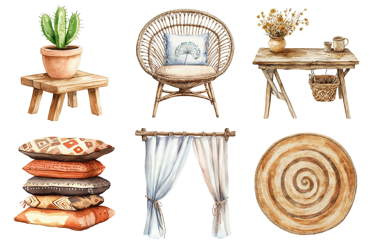 Watercolor Boho Interior Clipart, an Illustration by Daily.Designs (Photo 2 of 5)