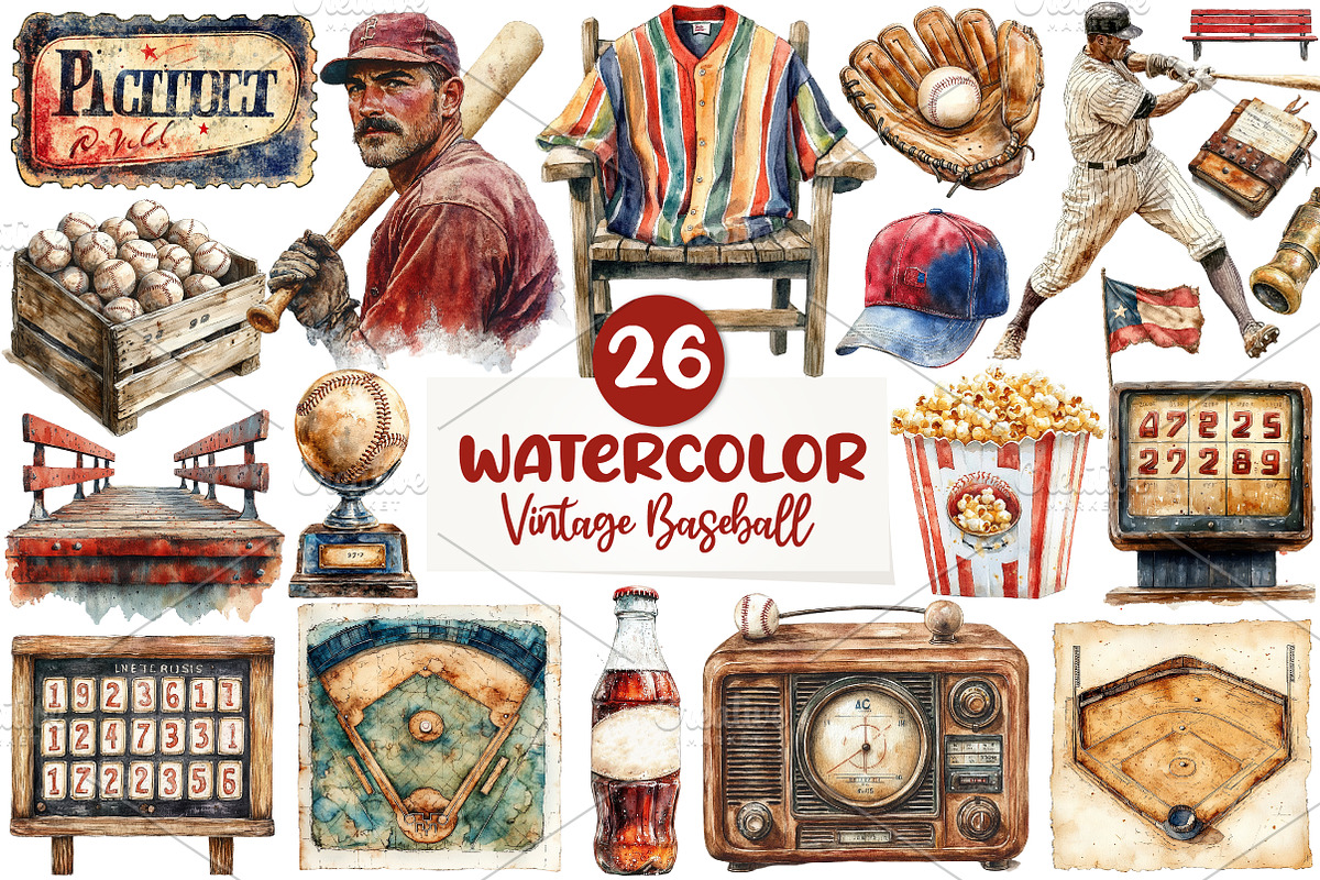 Vintage Baseball Game Day Clipart, an Illustration by CreationArt (Photo 1 of 5)