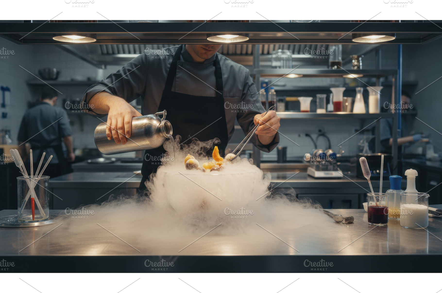 Chef in a professional kitchen pours, a Food & Drink Photo by Igor Tichonow