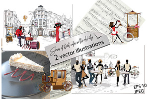 Vector picturesque streets and cafes