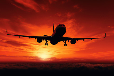 Silhouette of passenger airplane flying in the sky, a Transportation Photo by AlyaAnd