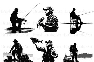 Fishing Silhouette Clipart, Line Art