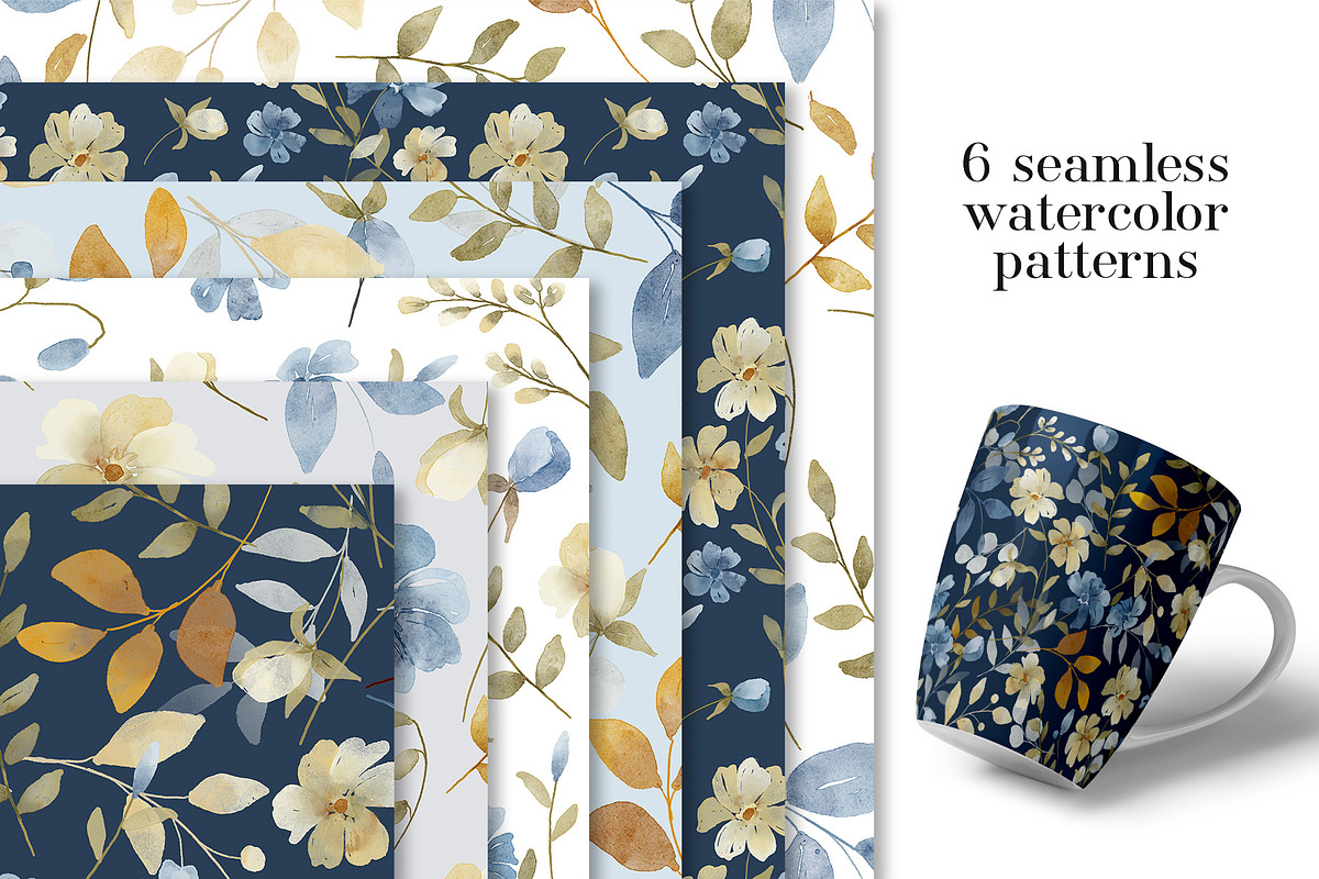 Seamless patterns with blue flowers, a Pattern Graphic by Larisa Maslova (Photo 1 of 3)