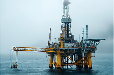 Offshore oil rig in misty seascape, an Industrial Photo by Ylivdesign