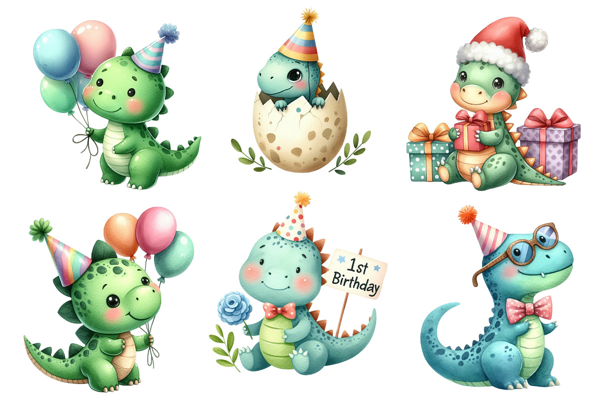 Cute Watercolor Dinosaur Birthday, an Illustration by Designworld (Photo 3 of 6)