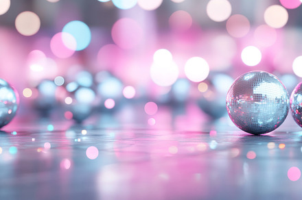 Disco balls and bokeh lighting create festive New Year party bac, a Photo by Dvoevnore photos