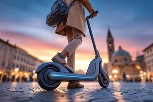Commuting by e-scooter through a European plaza during sunset, a Photo by AlyaAnd