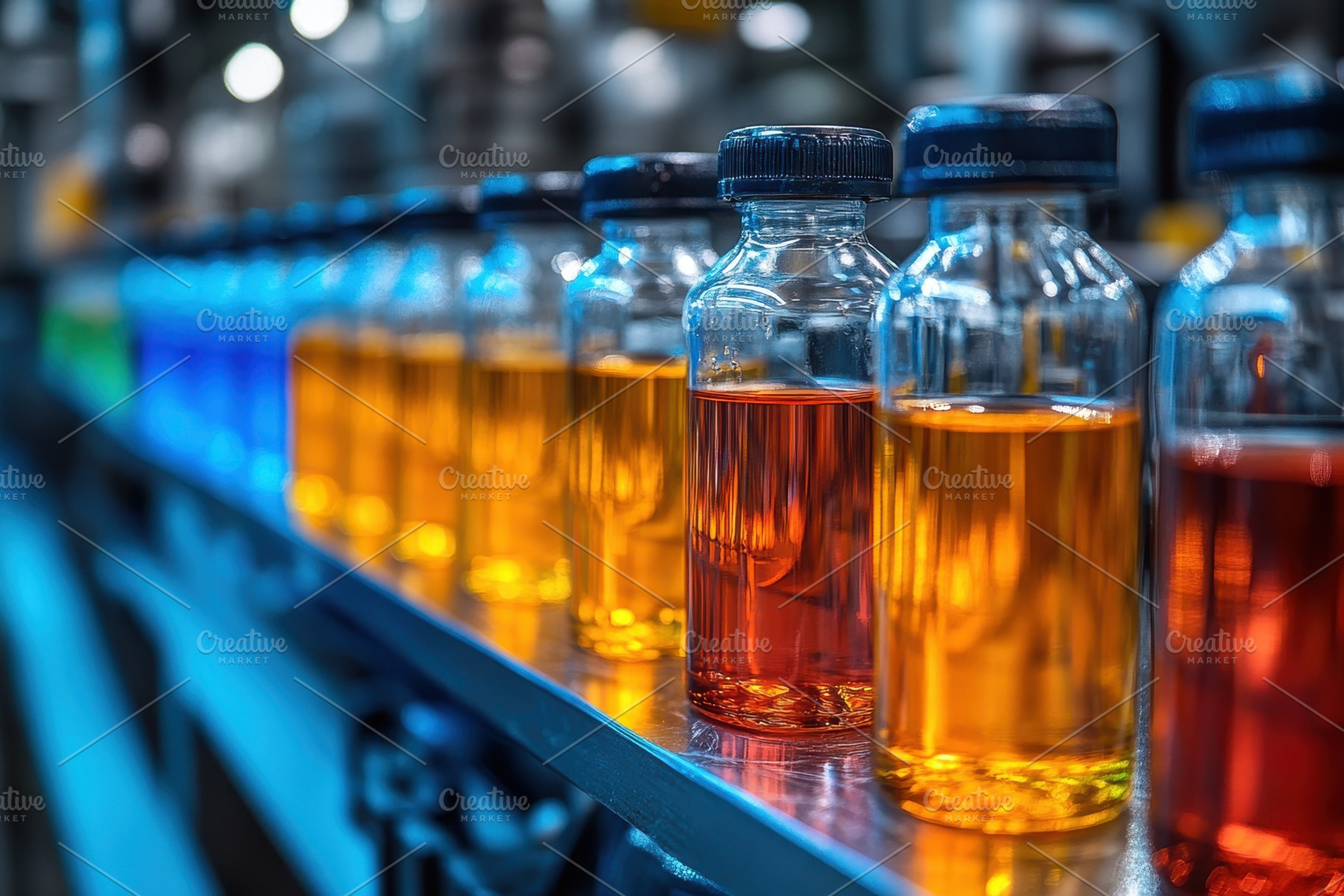 Bottles of vibrant liquids displayed, a Photo by Tanuart