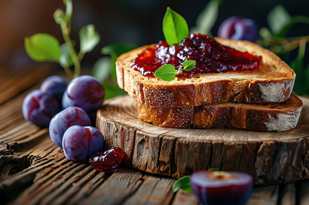 Toast breads with sweet plum jam on wooden table, a Food & Drink Photo by AlyaAnd