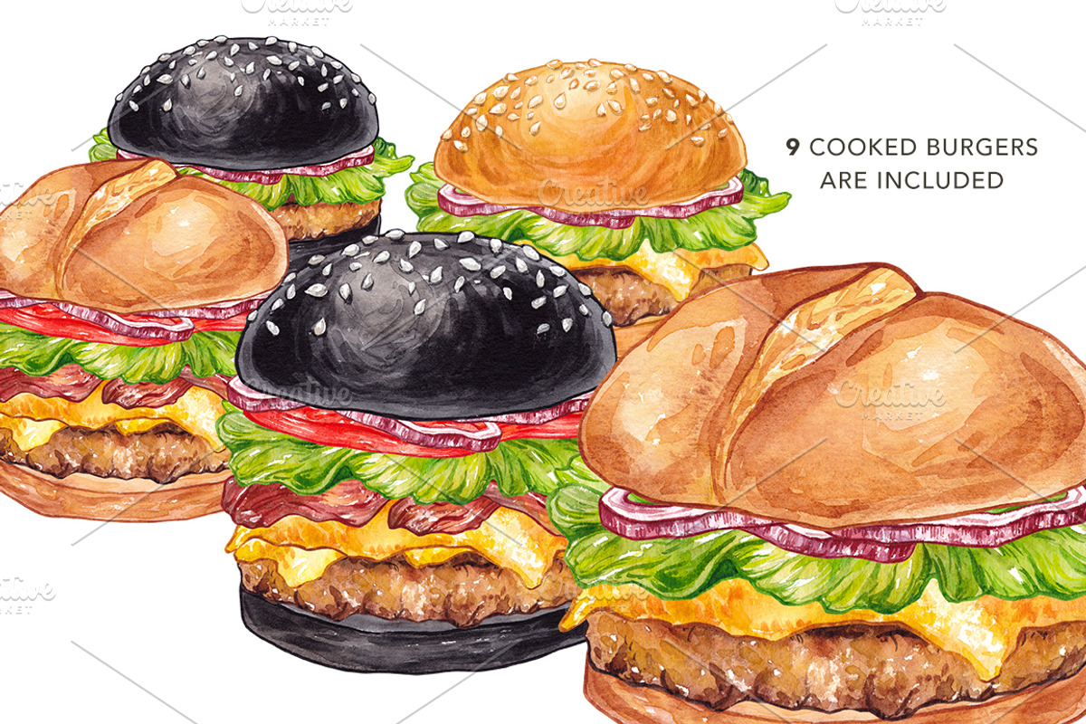 Unique Burger. Watercolor, a Food Illustration by Olga Olmix (Photo 5 of 6)