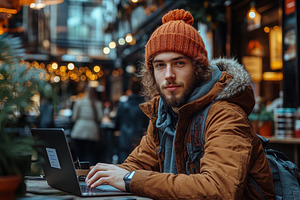 Young man works on laptop in cozy ca, a Photo by Tanuart