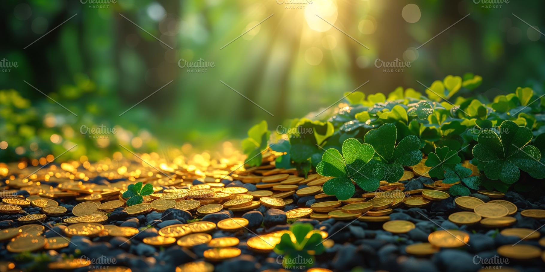 A serene scene featuring vibrant green clovers and gleaming gold coins illumina, a Business Photo by ImageMir