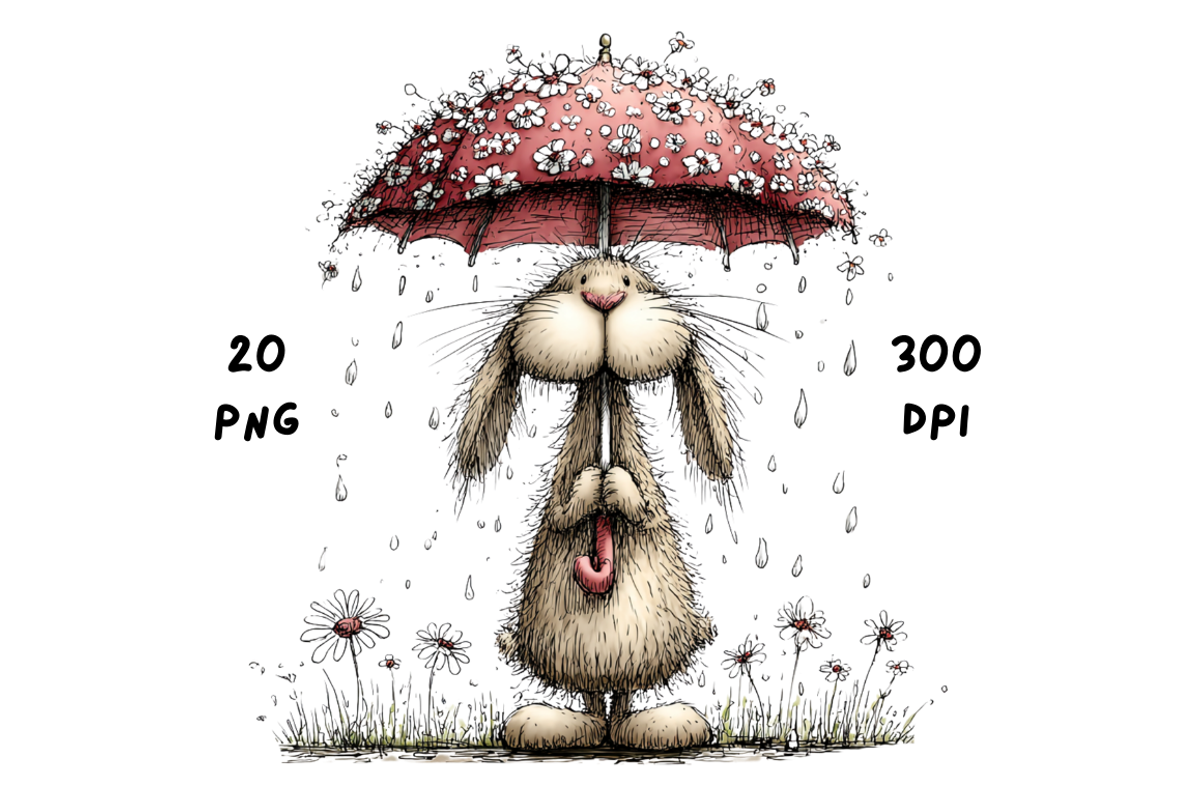 Whimsical Rainy Bunny Clipart, an Animal Illustration by GiraffeCreative (Photo 3 of 19)