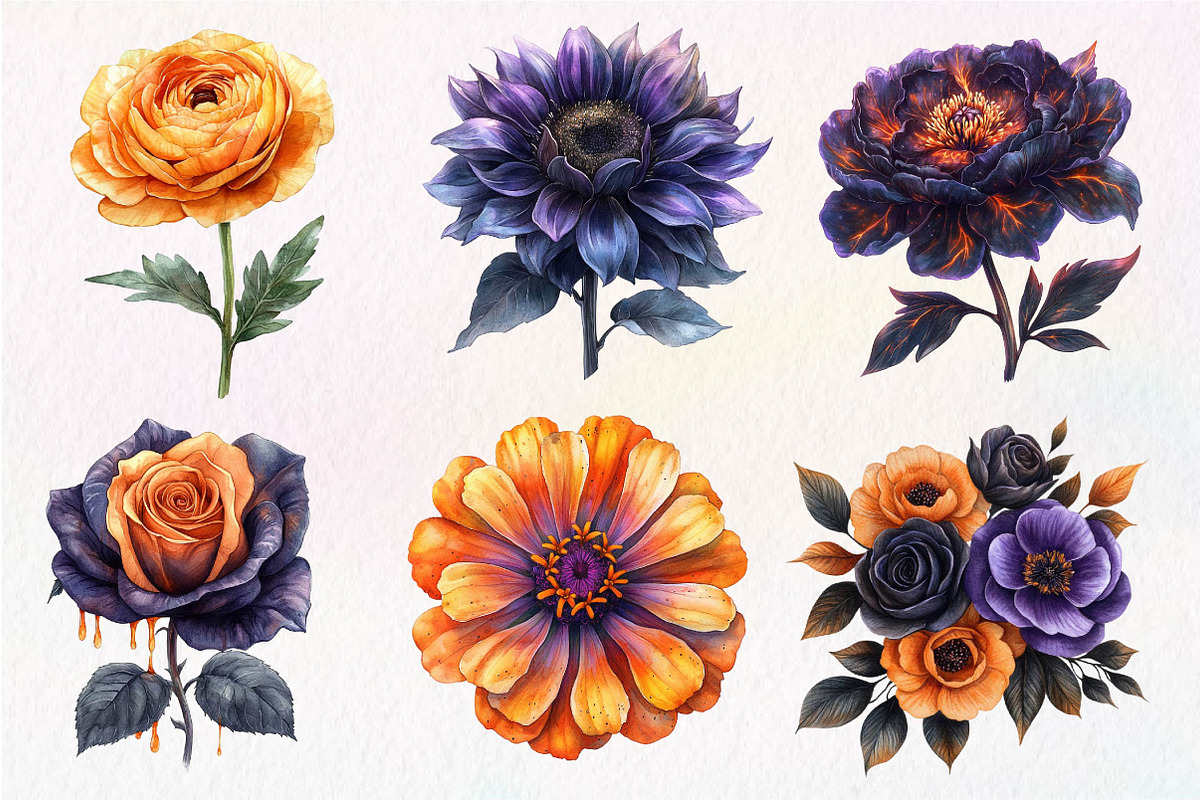 Watercolor Halloween Flowers Clipart, an Illustration by Dream Creation (Photo 5 of 7)