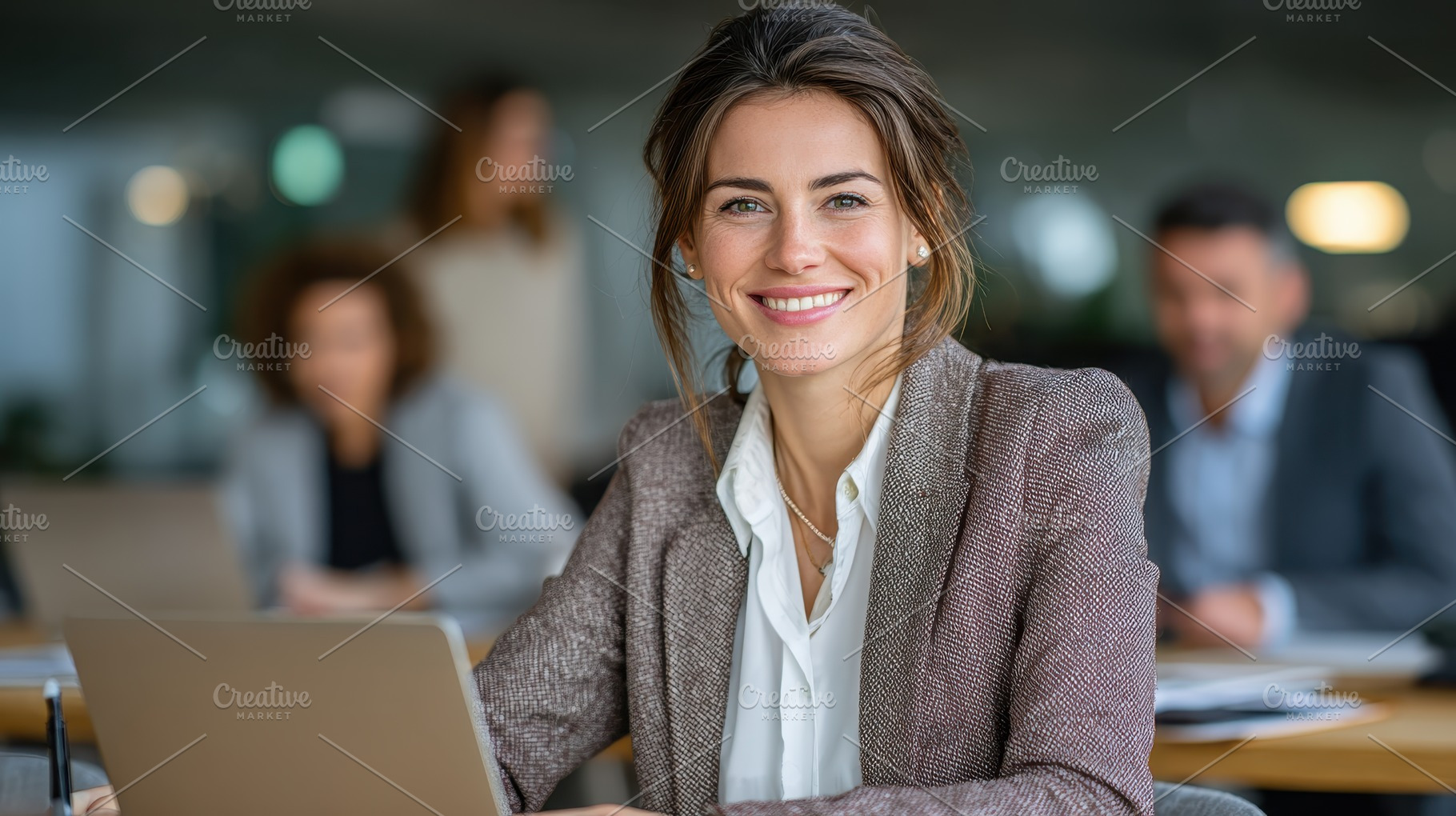 Smiling businesswoman at work laptop, a Photo by Pixeness Studio