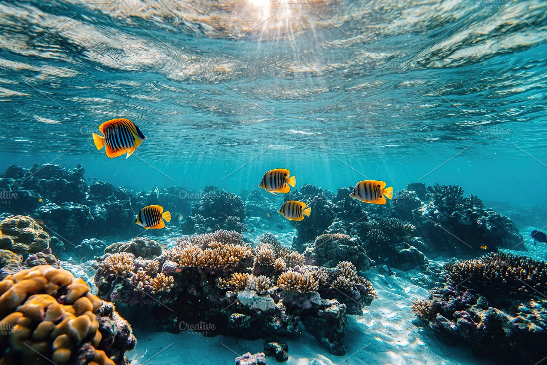 Vibrant coral reef teeming with colorful fish in crystal clear water during mid, an Animal Photo by AlyaAnd
