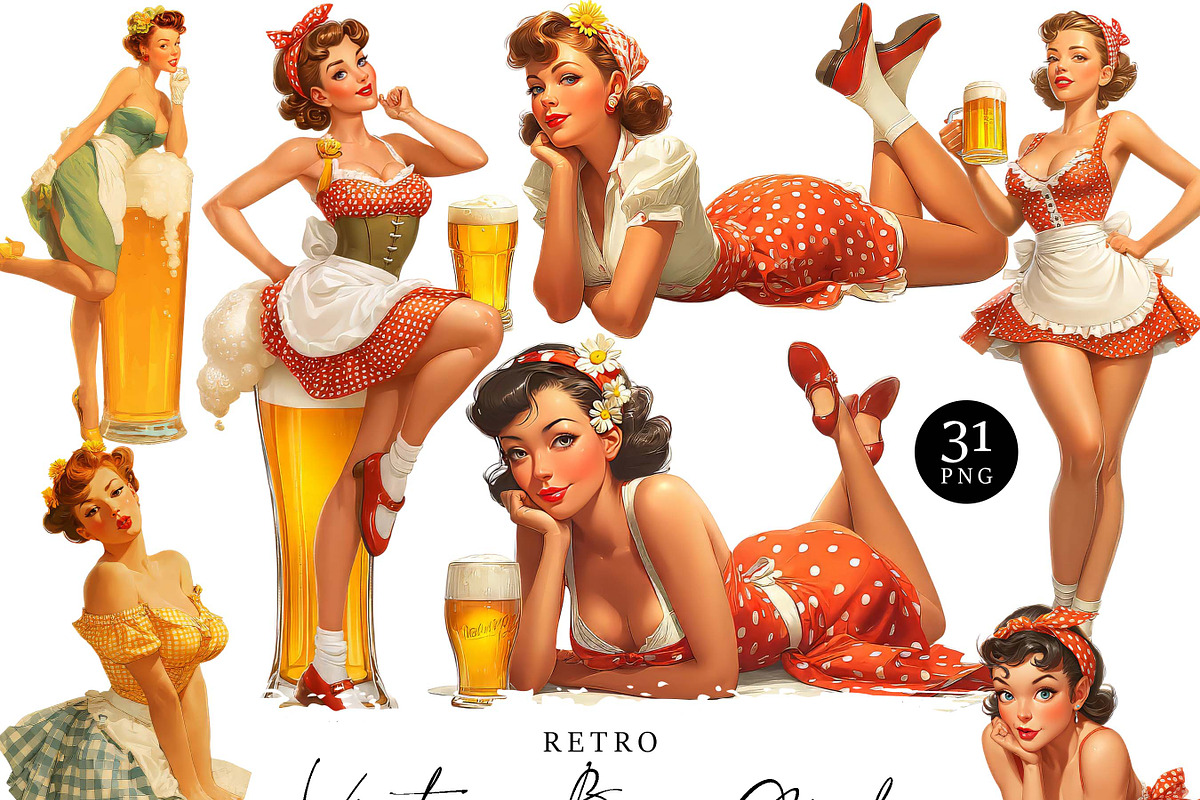 Retro Pin Up Beer Girl Clip Art, a Person Illustration by Design Scotch (Photo 1 of 7)