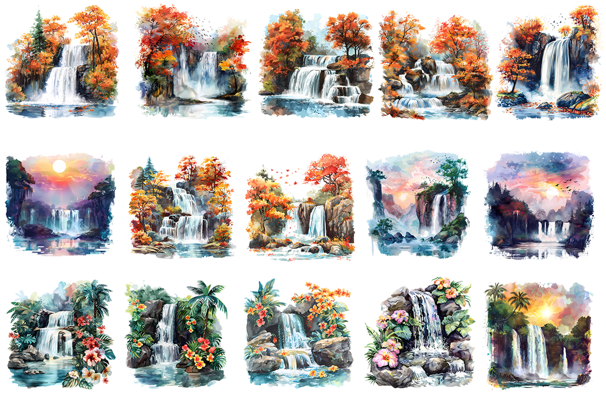 Watercolor Waterfalls Clipart, a Decorative Illustration by stickermadness (Photo 3 of 3)