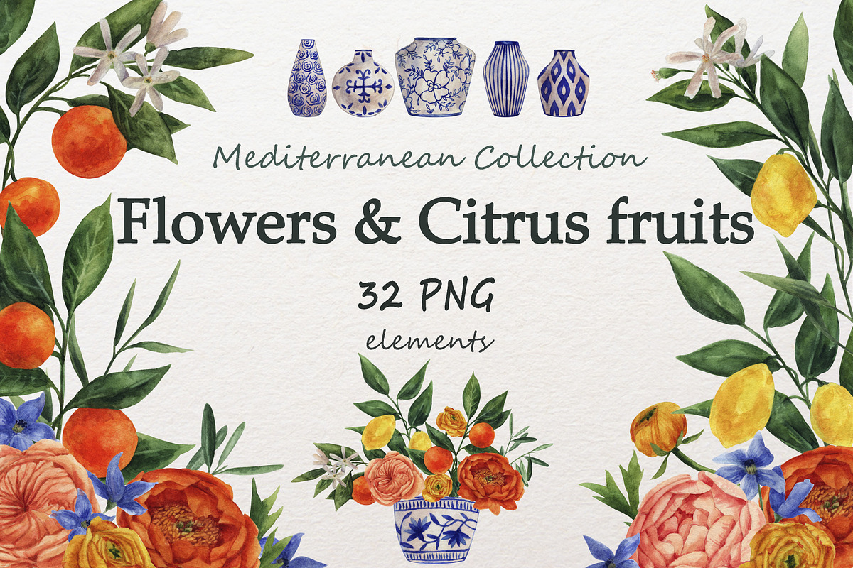 Set of flowers and citrus, a Decorative Illustration by a_ptichkina (Photo 1 of 10)