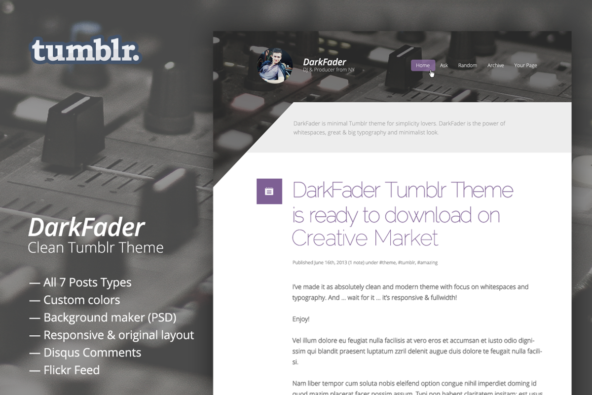 DarkFader — Clean Tumblr Blog Theme, a Websites & App Template by Viktor Hanacek (Photo 1 of 2)