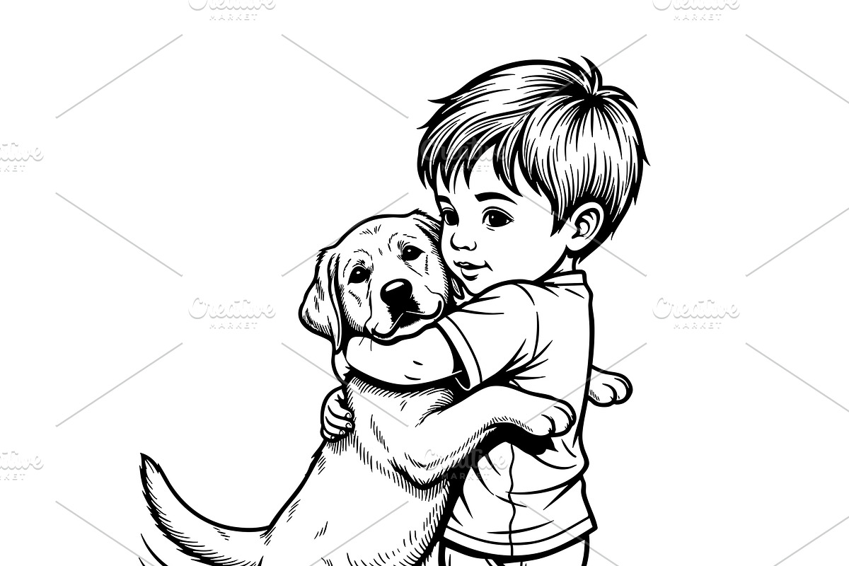Little boy hugging a friendly dog., a Person Illustration by yod67