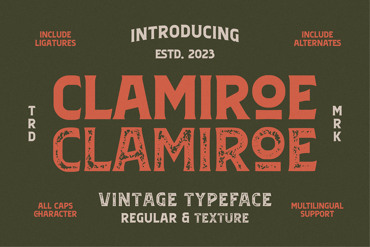 Clamiroe Vintage Typeface, a Serif Font by 24Design Studios (Photo 1 of 10)