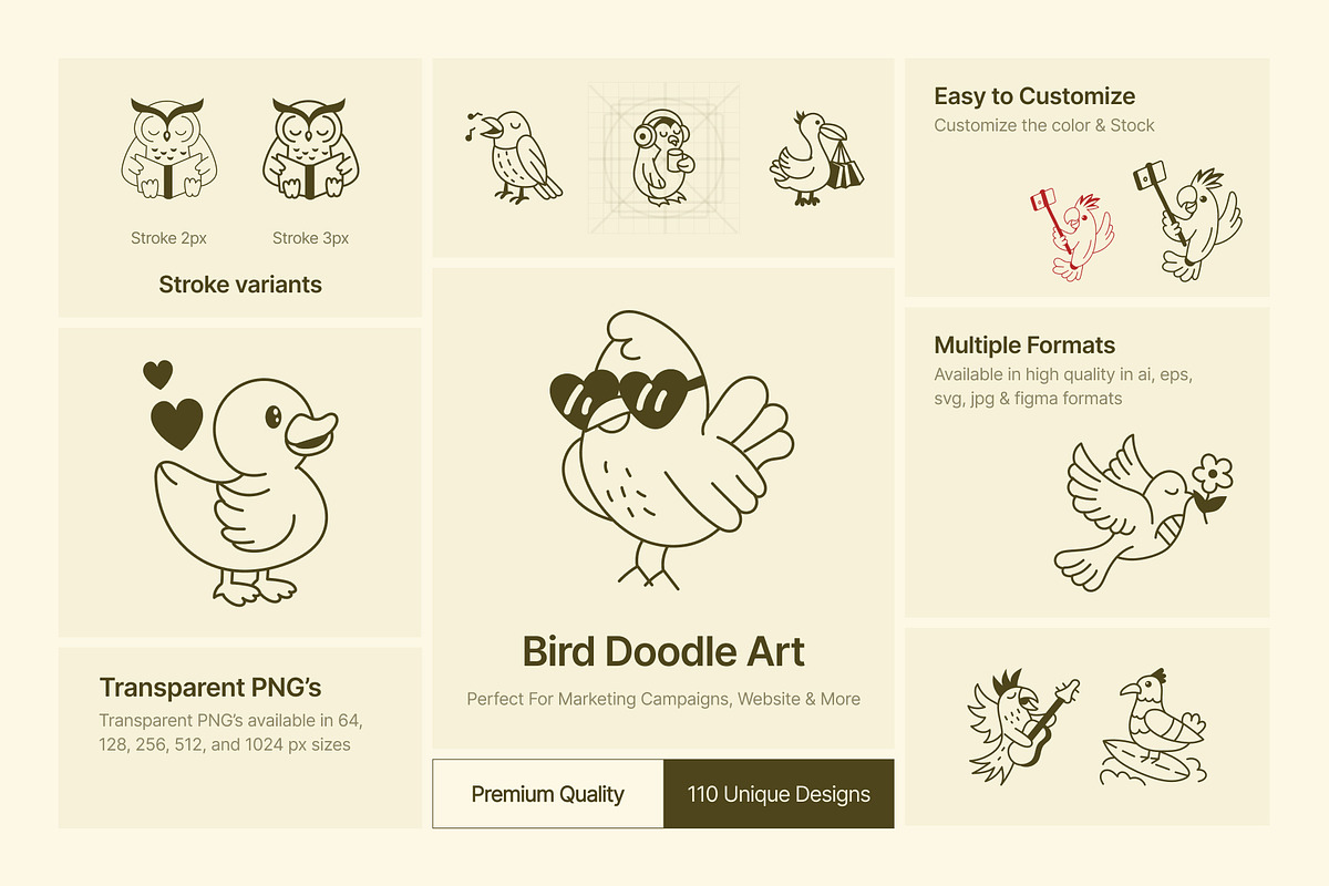 Bird Doodle Art Set, an Outline Icon by Vectors Market (Photo 2 of 8)